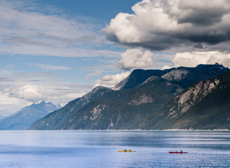 Kayakers paddling along the Lynn Canal near Haines, Alaska, surrounded by calm water, coastal mountains, and summer clouds.