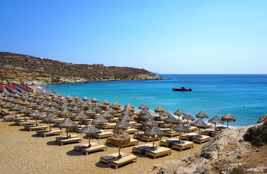 Beautiful panoramic view of Lia beach bay in Mykonos, Greece