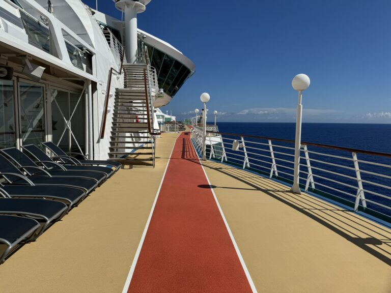 Walking track on a cruise ship, one of the best spots for jogging or walking on the ship with ocean views and open deck space.