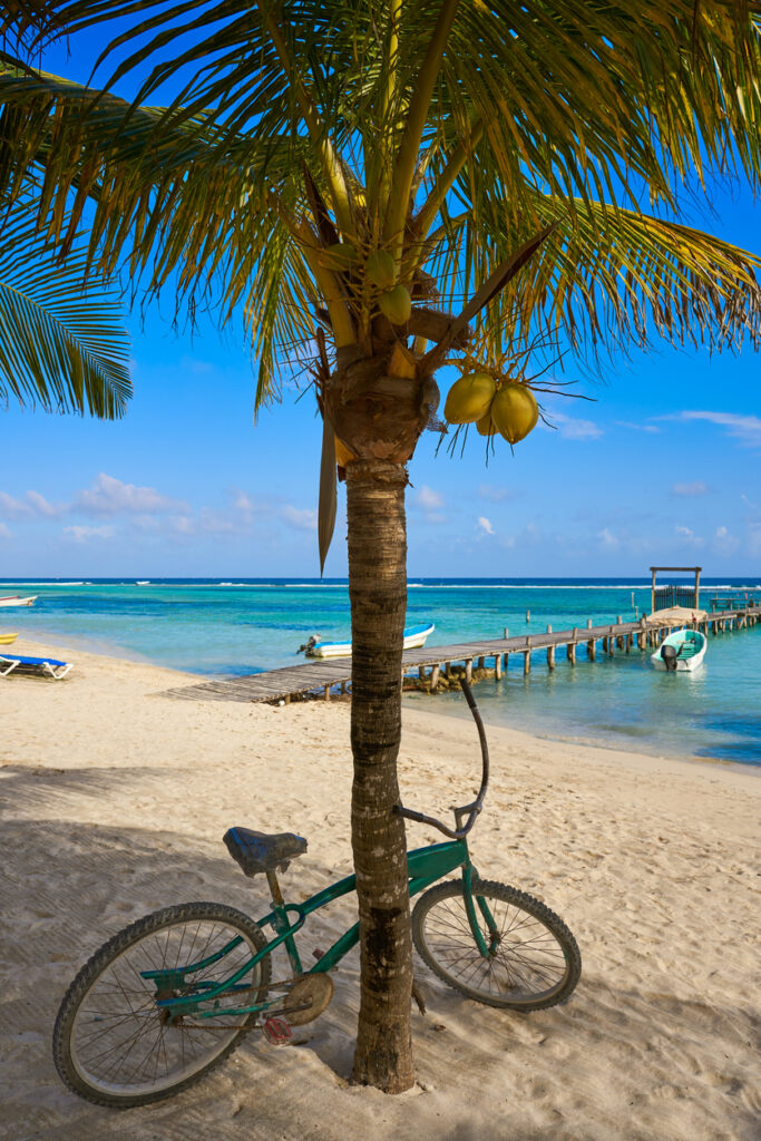 Bikes and golf carts available for rent in Mahahual, offering an easy way to explore Costa Maya.