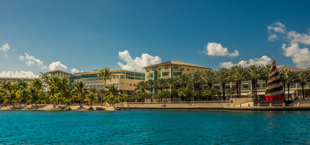 Panoramic view of the Camana Bay seafront decorated for Christmas on Grand Cayman