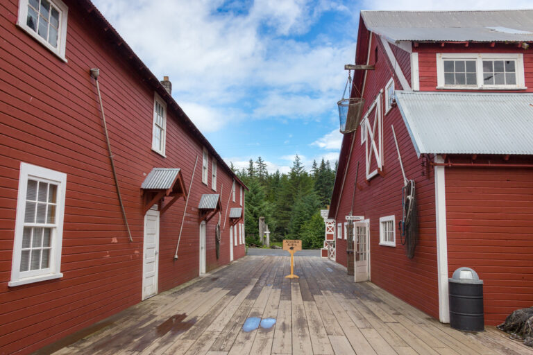 Historic cannery buildings at Icy Strait Point in Hoonah, Alaska, including the restored warehouse structures along the waterfront.