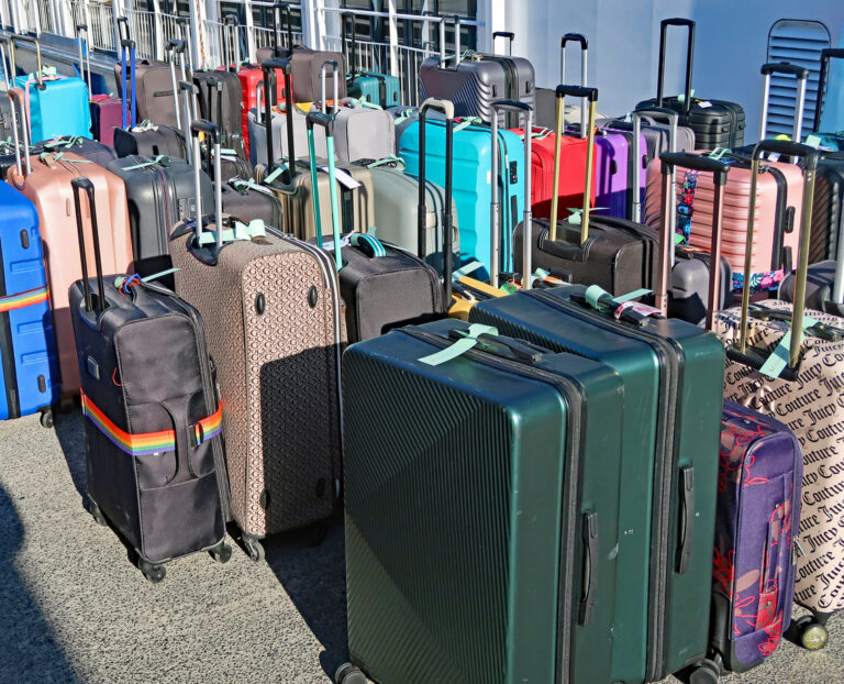 Rows of suitcases lined up dockside at the cruise port on debarkation morning
