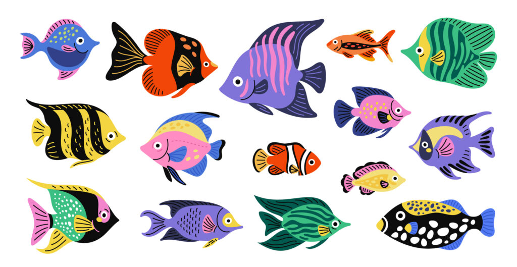 Colorful illustrated tropical fish representing the marine life featured in the Underwater World exhibit at the Cayman Islands National Museum in Grand Cayman