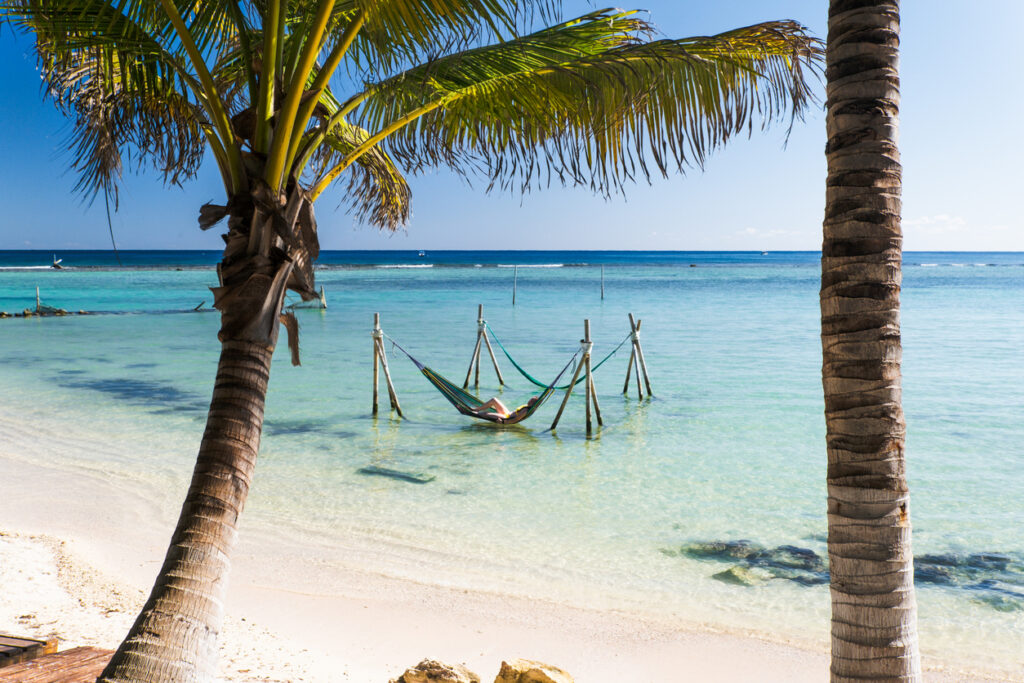 Hammock suspended above shallow turquoise Caribbean water between palm trees, creating a peaceful, tropical setting similar to the relaxing atmosphere found near beach clubs in Costa Maya.