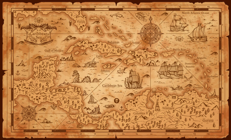 Vintage‑style Caribbean map with decorative illustrations representing Mayan navigation and regional history.