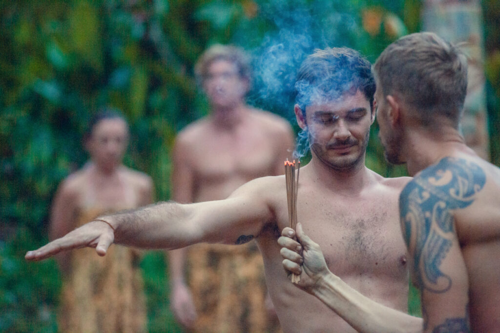 Shaman performing a copal incense purification ritual before a traditional Mayan Temazcal ceremony.