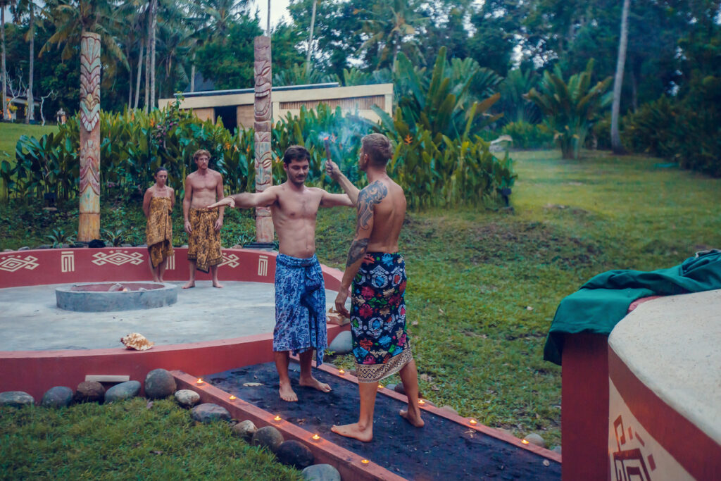 Shaman performing a copal incense purification ritual before a traditional Mayan Temazcal ceremony.