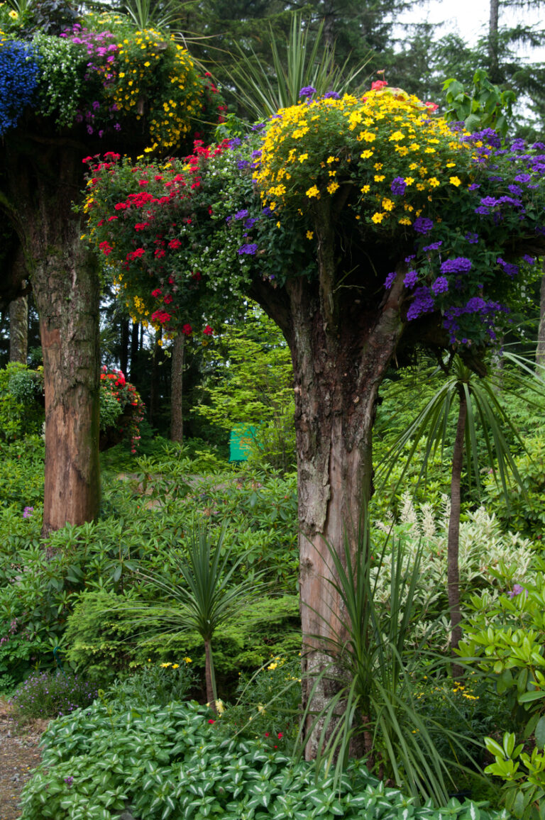 Colorful flowers overflowing from elevated planters made from tall tree trunks in the rainforest gardens of Juneau, Alaska.