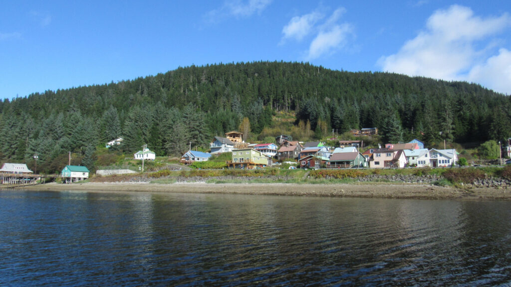 Pastel houses in Hoonah, Alaska, set against forested mountain slopes that rise above the village near Icy Strait Point.