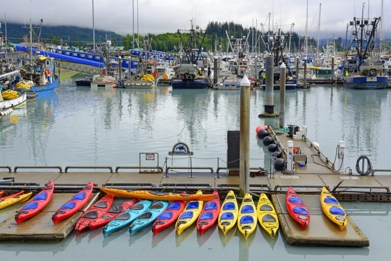 Colorful kayaks tied to a dock in the calm waters of Valdez Harbor on a clear summer day.