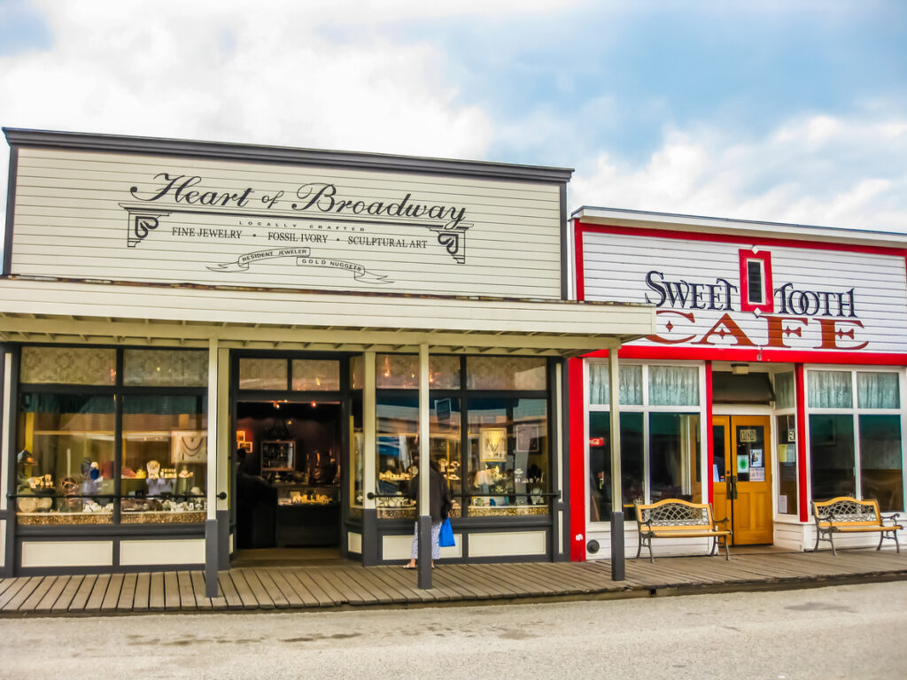 Historic buildings in Klondike Gold Rush National Historical Park in Skagway, Alaska, with restored Gold Rush–era architecture alongside modern structures.