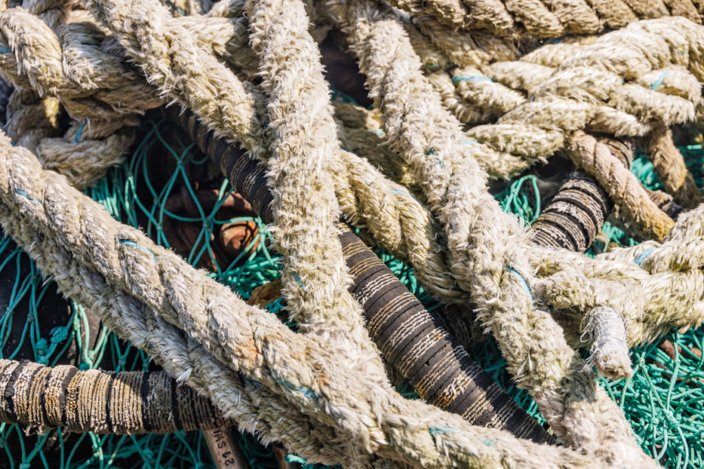 Close‑up of weathered nautical rope, reflecting the maritime heritage of Kodiak’s working waterfront.