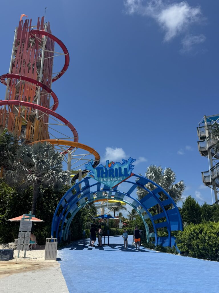 Thrill Waterpark at Perfect Day at CocoCay with colorful waterslides and guests enjoying the adventure area