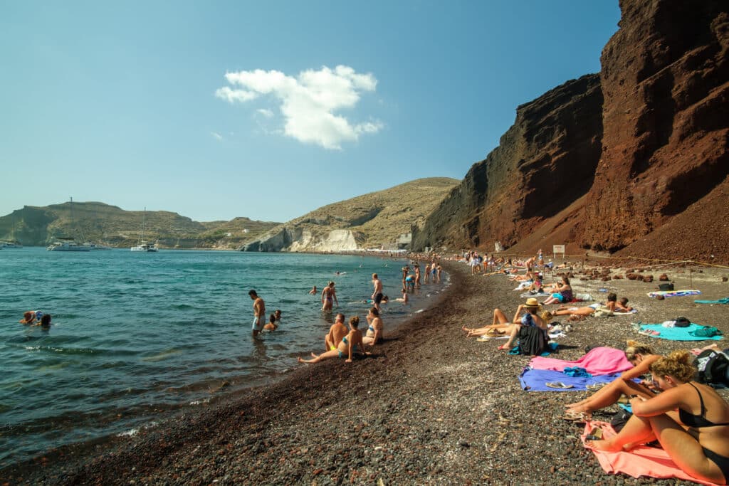 The famous and crowded red beach in Santorini Greece
