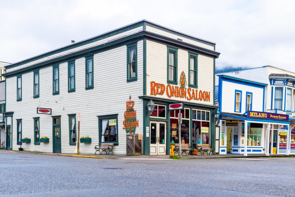 The historic Red Onion Saloon in Skagway, Alaska, a former Gold Rush–era brothel now operating as a bar and museum popular with cruise visitors.