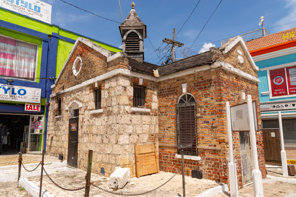 Exterior view of The Cage in Sam Sharpe Square, Montego Bay, Jamaica, a historic 1823 holding cell used during the colonial era