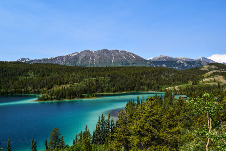 Emerald Lake glowing bright green in the early morning sun along the Klondike Highway in the Yukon.