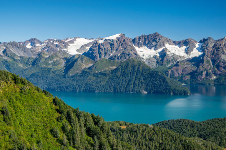 A turquoise glacial lake surrounded by forested hills and towering snow‑capped mountains under a clear blue sky.