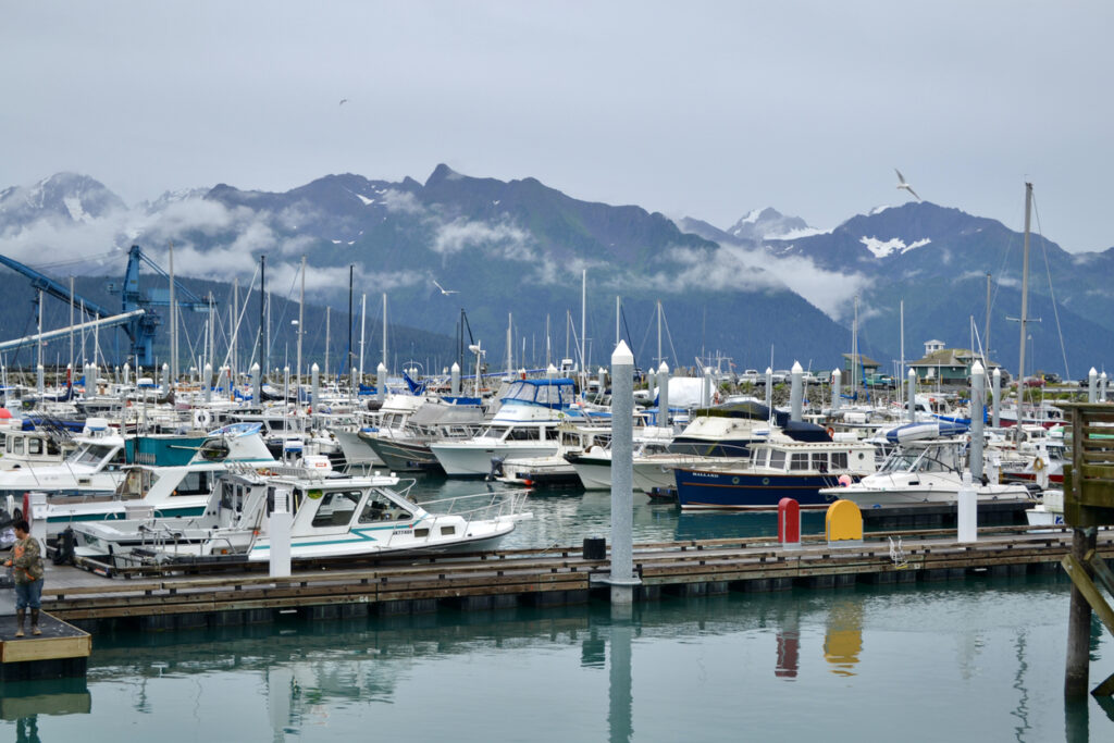 Boats docked in the Seward Small Boat Harbor with snowcapped mountains rising in the background along Resurrection Bay.
