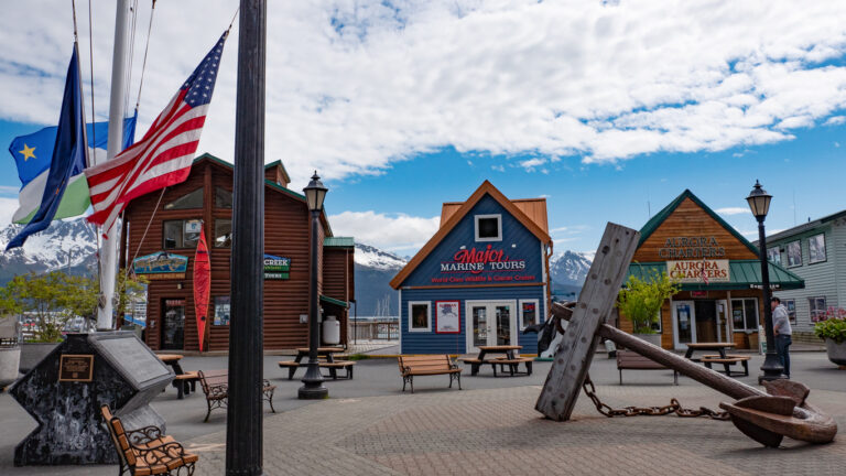 The working waterfront near Fisherman’s Wharf in Seward, Alaska, featuring harbor buildings and coastal views along Resurrection Bay.