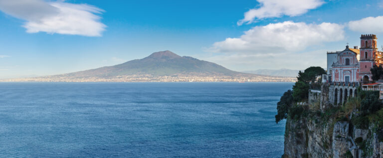 Panoramic terrace in Sorrento overlooking the Bay of Naples and Mount Vesuvius