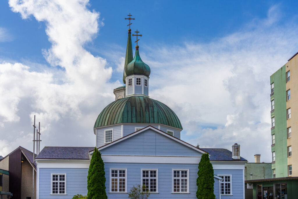 Saint Michael the Archangel Orthodox Cathedral in downtown Sitka, Alaska, shown from the exterior on a September day.