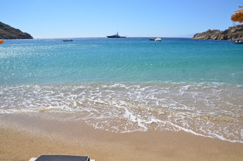 Bright and beautiful morning at the most famous of gay destination beaches in Mykonos, Greece