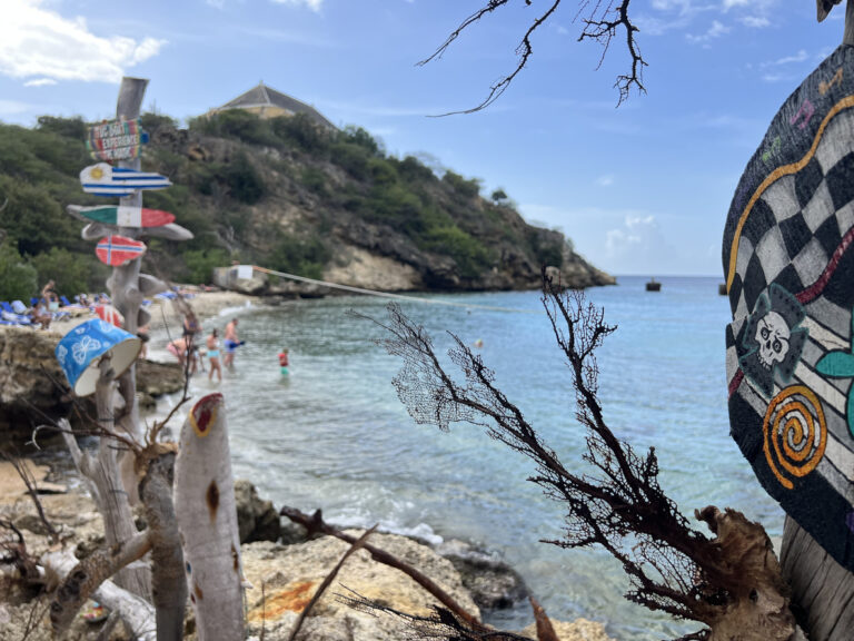Close‑up of a branch and painted driftwood at Tugboat Beach in Curaçao with people relaxing and playing near the shoreline in the background