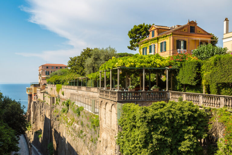 Panoramic terrace at Villa Comunale Park in Sorrento overlooking the Bay of Naples and Mount Vesuvius
